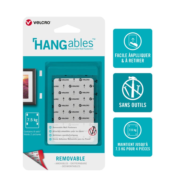 VELCRO Brand HANGables Removable Wall Fasteners | Strong Adhesive Hold, Up to 7.5 kg / 16 Â½ lb (per set of 4) | Easy-to-Remove from Wall, Firm Hold to Frame or Mirror | 1 Â¾ x 3in strips, 8 sets, White - Image 1